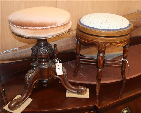 A late Victorian inlaid mahogany adjustable music stool and a similar carved walnut stool